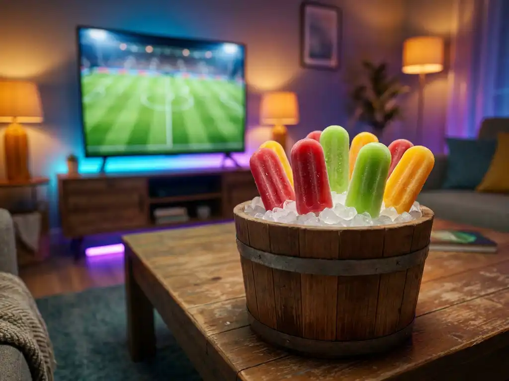 Bunte Cocktail-Eisstiele in Wassermelonrot, Limettgrün und Zitronengelb in einem Eiskübel auf einem Holztisch, Fußballspiel im Hintergrund.