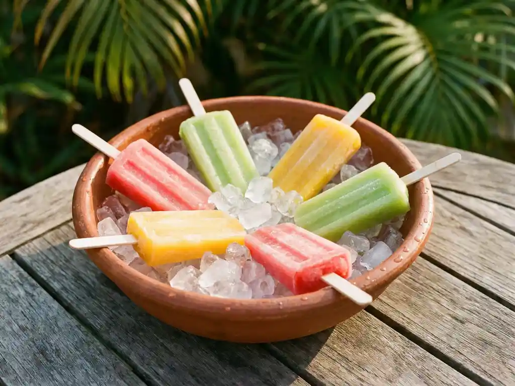 Bunte Cocktail-Eisstiele in Wassermelone, Limette und Goldgelb in einer Terrakottaschüssel mit Crushed Ice, Draufsicht im Sommergarten.