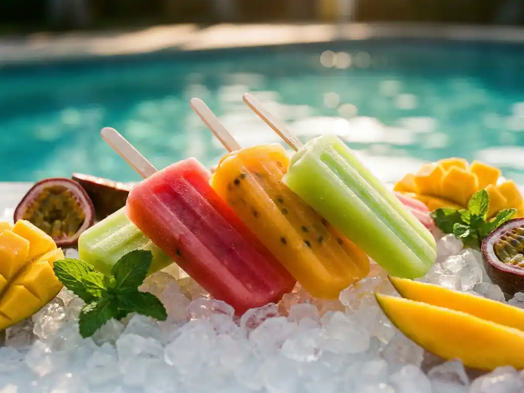 Bunte Cocktail-Eisstiele in Wassermelonen-Pink, Orange und Limetten-Grün auf Crushed Ice mit Mango, Minze und Passionsfrüchten am Pool.