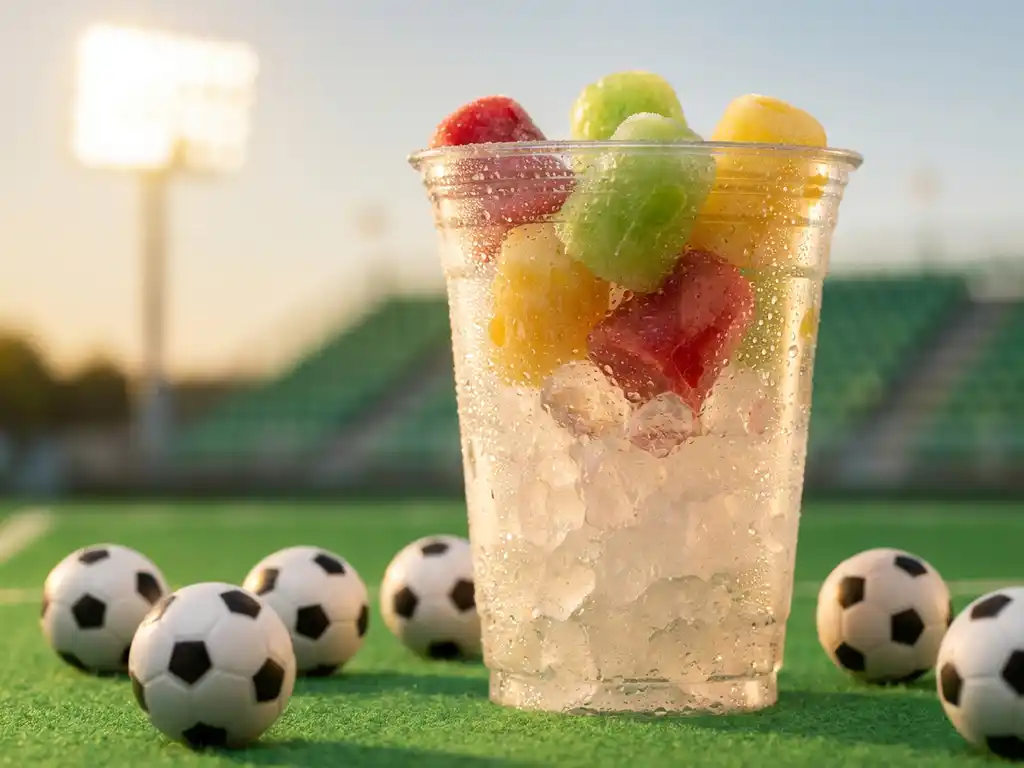 Bunte gefrorene Cocktail-Eisstäbchen in Rot, Grün und Gelb in einem Stadionbecher mit Crushed Ice und Fußbällen auf grünem Filz.