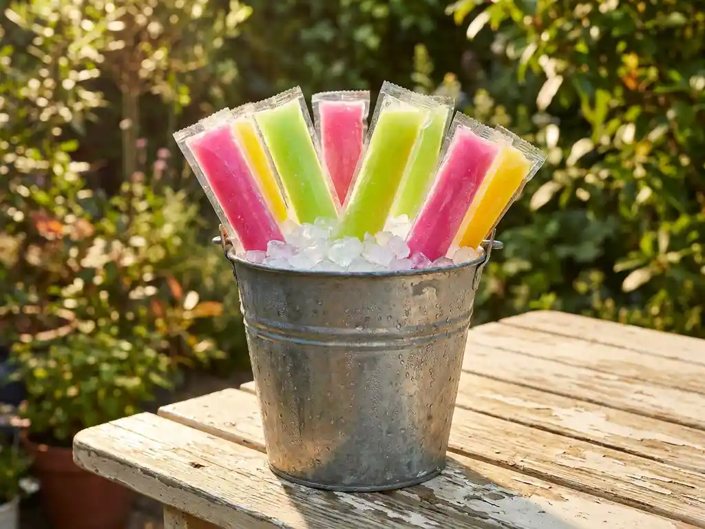 Bunte Cocktail-Eisstiele in Pink, Grün und Gelb in einem Zinkeimer mit Crushed Ice auf einem verwitterten Holztisch im Garten.