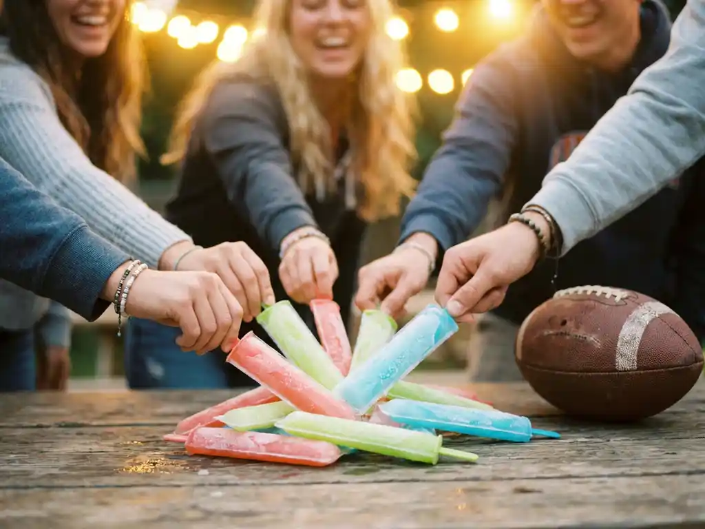 Bunte Cocktail-Eisstäbchen in Korallenpink, Limettgrün und Eisblau auf rustikalem Holztisch, Hände greifen zu, Football daneben.