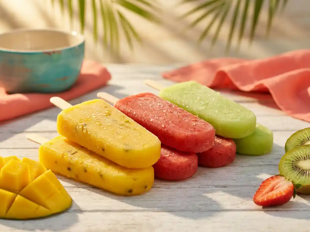 Bunte Cocktail-Eisstiele in Passionsfrucht-, Erdbeer- und Limonengrün mit Kondenstropfen, umgeben von tropischen Fruchtscheiben auf weißem Holztisch.