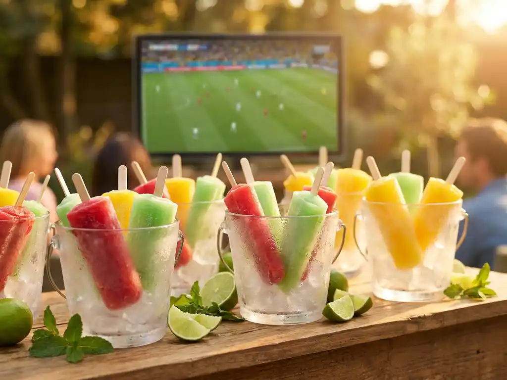 Bunte gefrorene Cocktail-Eisstäbchen in Rot, Grün und Gelb in Frostglasbehältern mit Limettenspalten, Minzblättern und Fußballspiel im Hintergrund.