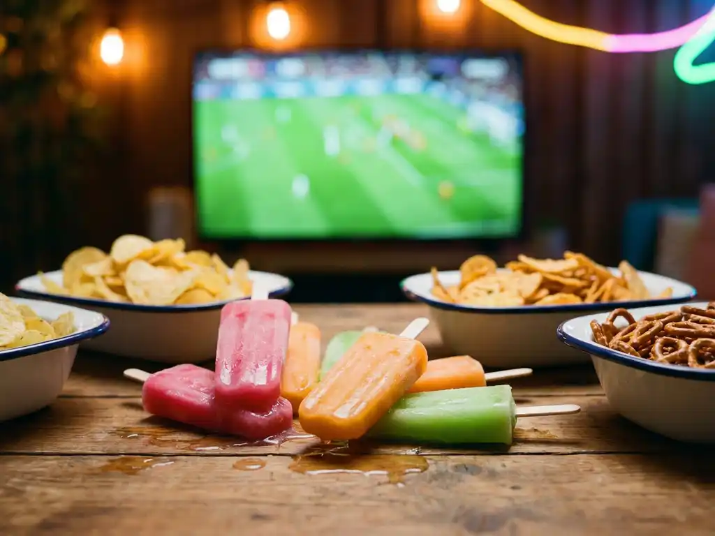 Bunte gefrorene Cocktailsticks in Pink, Orange und Grün schmelzen auf rustikalem Holztisch mit Snacks und Fußballspiel im Hintergrund.