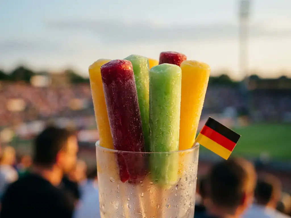 Bunte Cocktail-Eisstäbchen in Wassermelonrot, Limettengrün und Zitrusgelb in einem beschlagenen Glas mit deutschem Fähnchen, Stadion im Hintergrund.