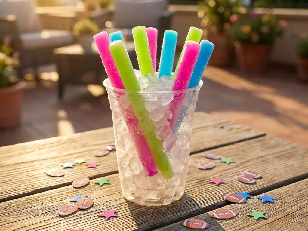 Bunte Cocktail-Eisstäbe in Pink, Grün und Blau in einem Stadionbecher mit Crushed Ice, umgeben von Football-Konfetti im Sonnenlicht.