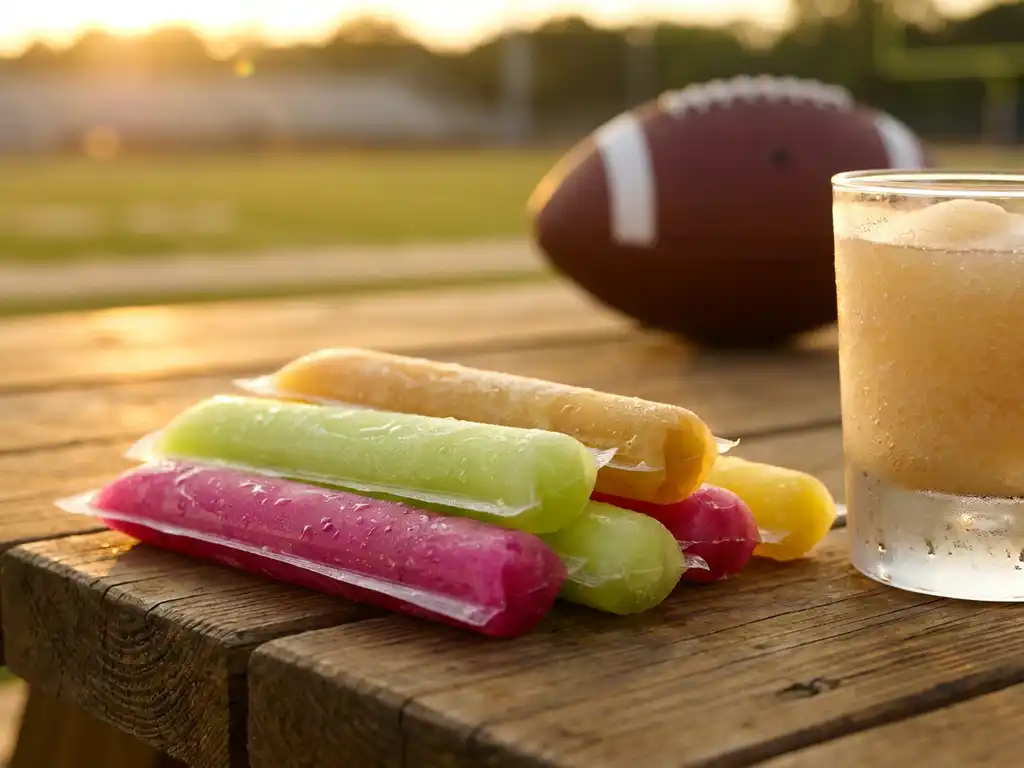 Bunte Cocktail-Eisstäbchen in Pink, Grün und Gelb auf rustikalem Holz neben einem gekühlten Glas, Football im Hintergrund.