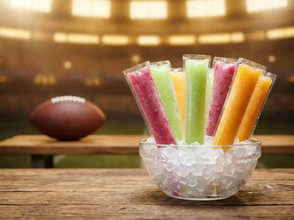 Bunte Cocktail-Eisstäbchen in Pink, Grün und Orange in einer Glasschüssel mit Crushed Ice, Football im Hintergrund.