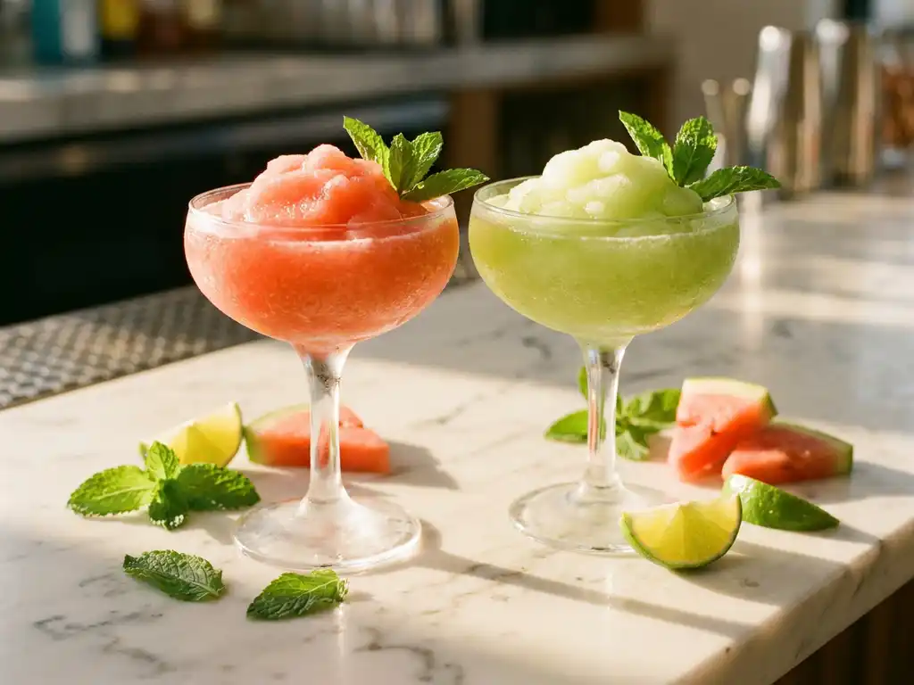 Frostige Cocktailgläser mit Wassermelonen- und Limetten-Slushie auf weißem Marmor, garniert mit Minzblättern und Zitrusscheiben im Sonnenlicht.