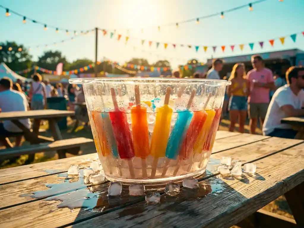 Transparente Kühlbox mit bunten Cocktail-Eis am Stiel schmilzt in der Sommersonne auf einem Holztisch beim Outdoor-Festival.