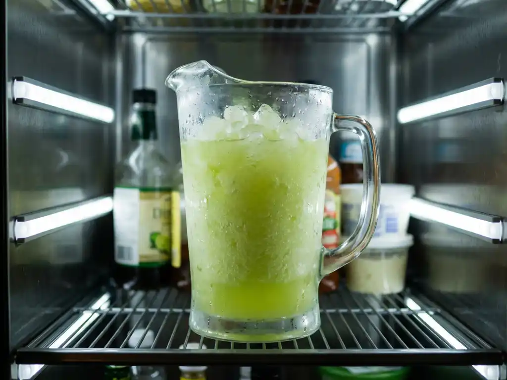 Gefrorener Margarita-Cocktail in Glaskrug im Kühlschrank mit Kondensation und LED-Beleuchtung