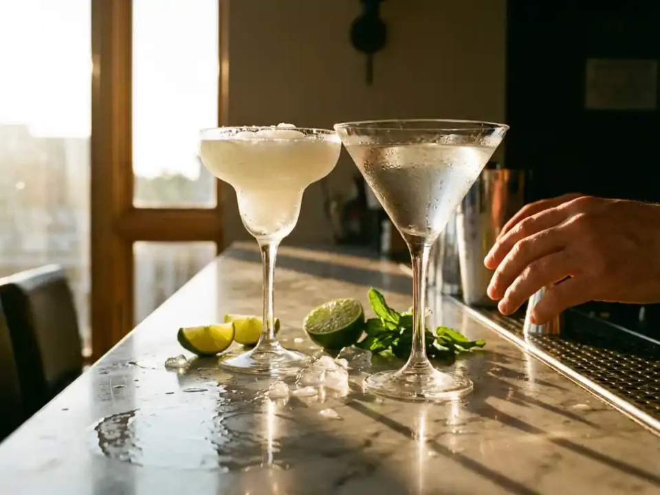 Gefrorene Margarita und Martini auf Marmortresen mit Limetten-Garnitur bei goldenem Licht, Barkeeper-Hände sichtbar