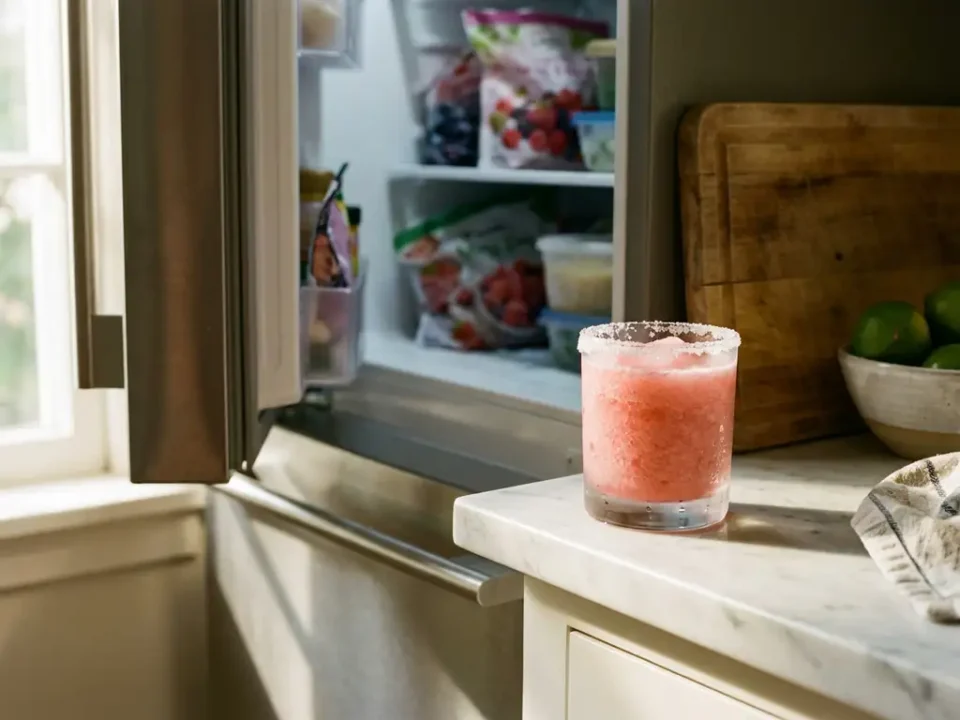 Gefrorener rosa Cocktail im bereiften Glas auf Marmortheke neben offenem Gefrierschrank in gemütlicher Küche