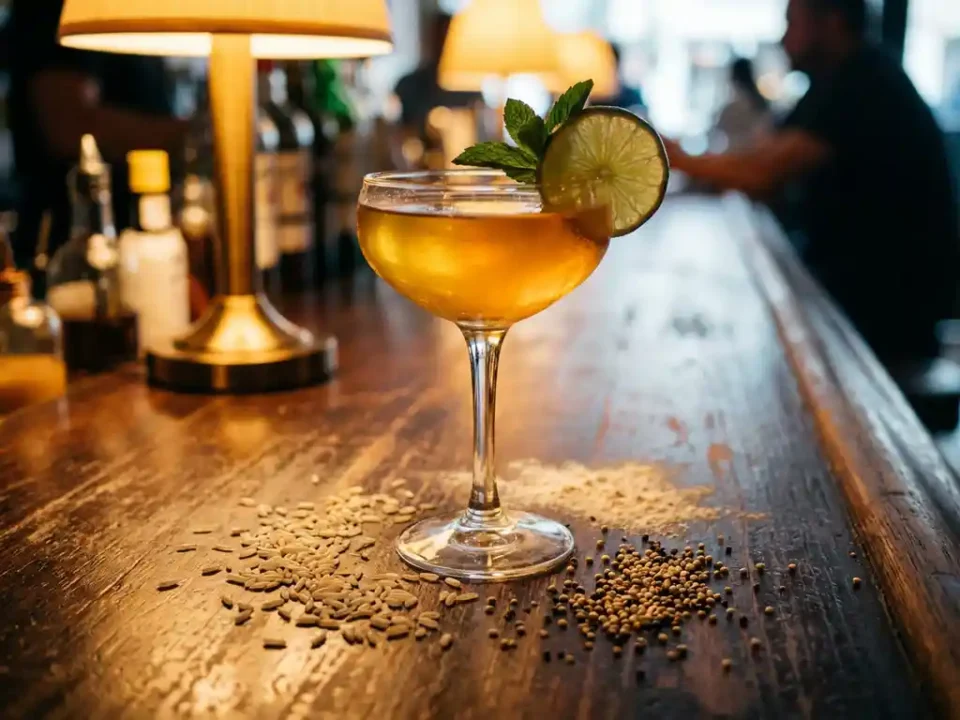 Goldener Cocktail mit Limette und Minze auf dunkler Holztheke neben glutenfreien Körnern und Mehl
