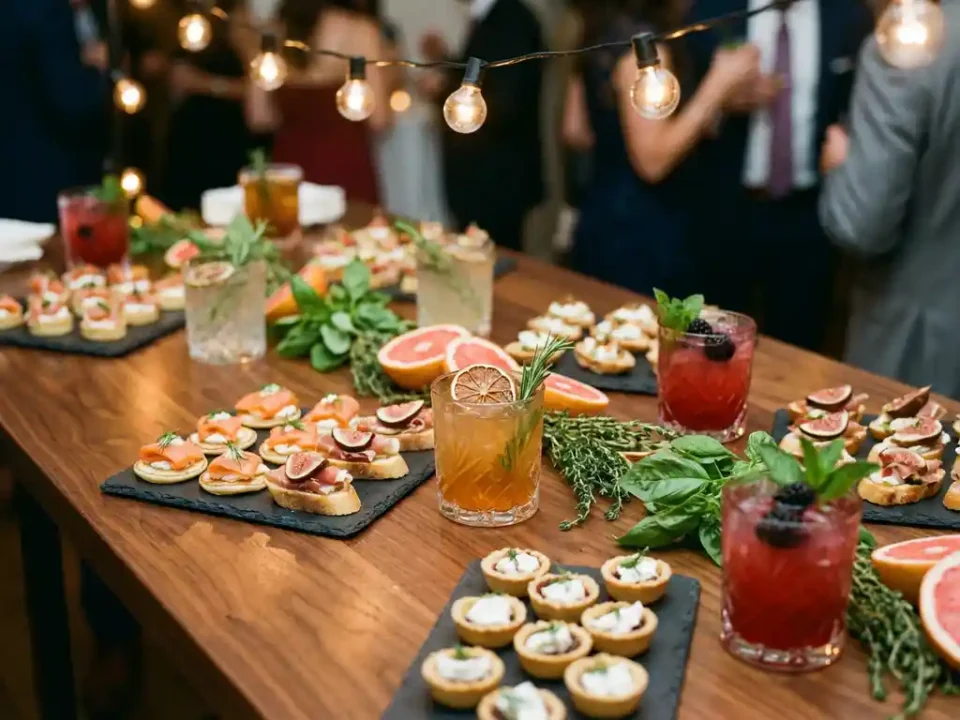 Elegante Party-Häppchen auf Schieferplatten neben bunten Cocktails in Kristallgläsern auf Holztisch mit warmer Beleuchtung