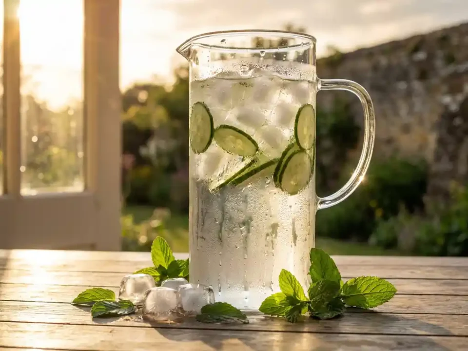 Glaskrug mit eiskaltem Gurkenwasser auf sonnigem Holztisch, Kondenswasser am Glas, frische Minzblätter ringsum