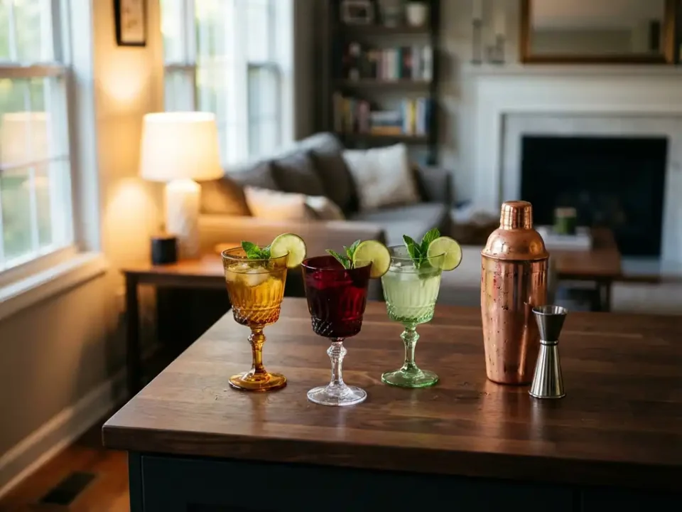 Elegante Cocktail-Bar auf dunkler Holz-Kücheninsel mit bunten Drinks, Shaker und frischen Garnituren