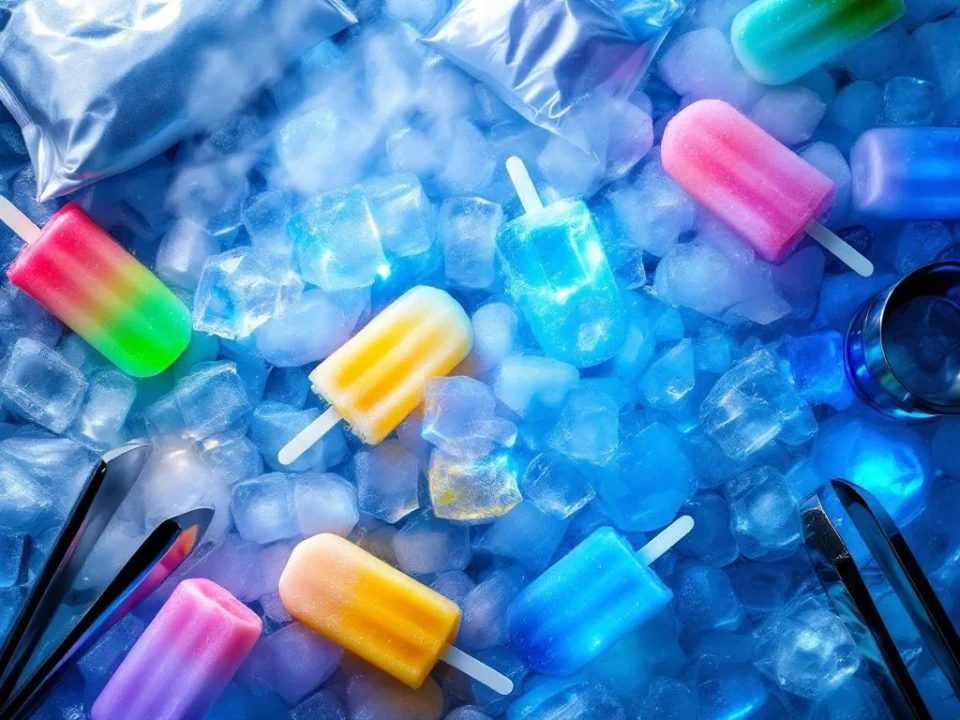 IJsopslag setup voor evenementen met geïsoleerde koelboxen, kleurrijke cocktailpopsicles en professionele ijsgereedschappen