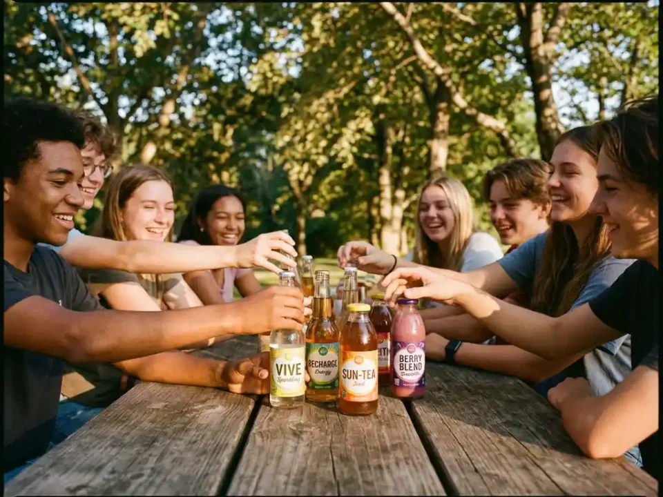 Diverse Jugendliche greifen nach alkoholfreien Getränken auf Holztisch im Freien bei goldenem Sonnenlicht