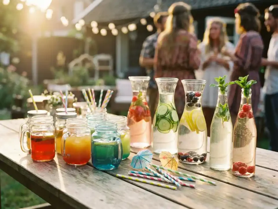 Kleurrijke cocktails en mocktails in glazen potten op rustieke houten tafel met feestelijke rietjes en parapluutjes