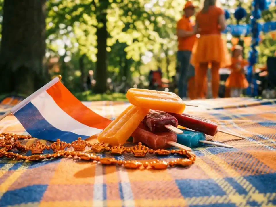 Kleurrijke bevroren cocktailpopsicles in oranje, rood en blauw op picknickkleed met Nederlandse vlag en kralen voor Koningsdag