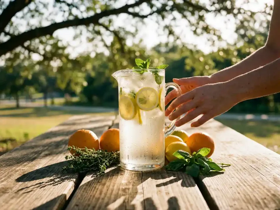Glaskrug mit eiskalter Limonade, Minze und Zitronenscheiben auf Holztisch im Sonnenlicht, Hand greift nach Krug