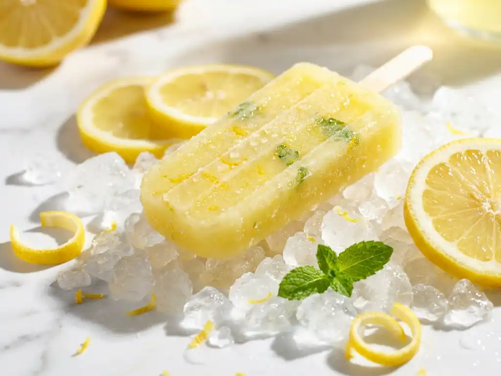 Gefrorener Limoncello-Cocktail am Stiel auf Crushed Ice mit frischen Zitronenscheiben und Schale auf weißem Marmor.