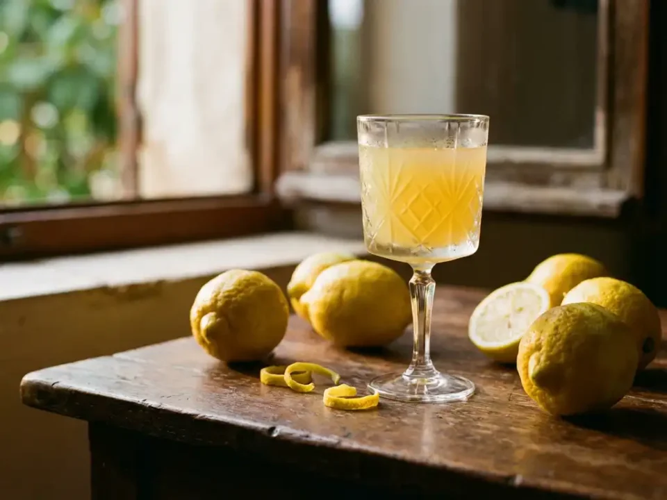 Glas limoncello met gouden drank op houten tafel, omringd door verse citroenen in warm mediterraan zonlicht