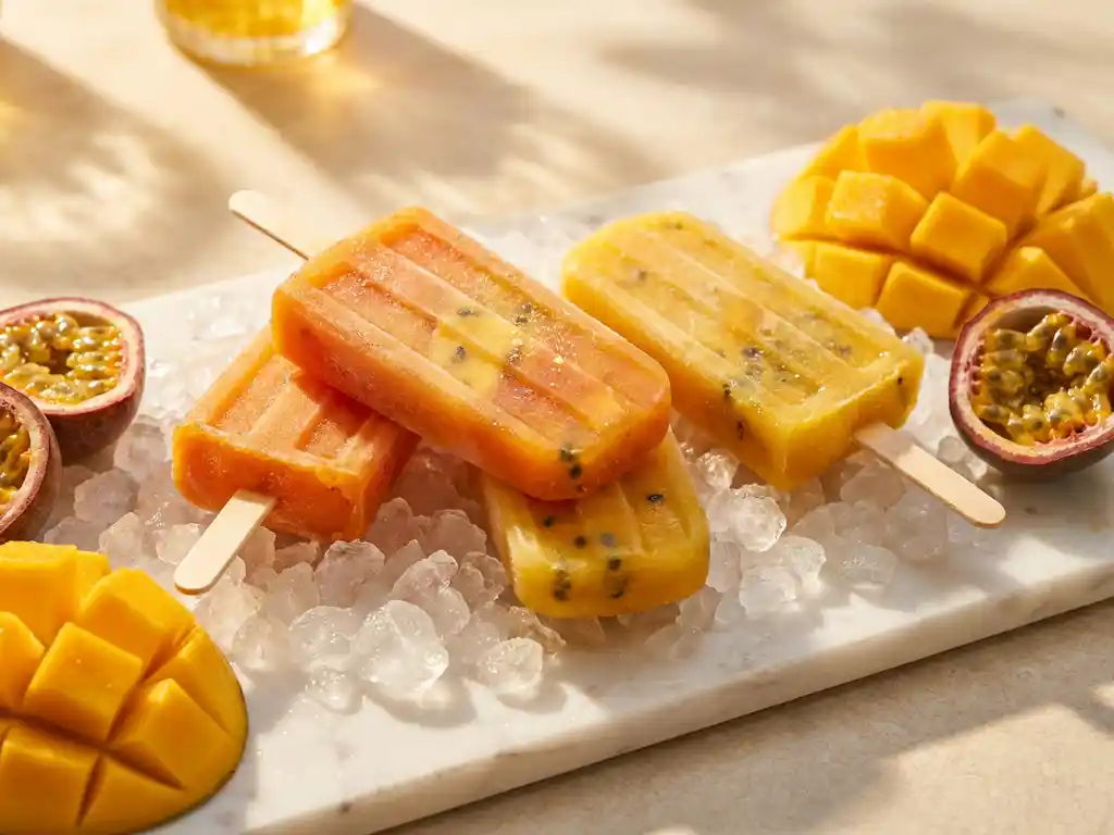 Mango-Maracuja-Cocktaileis auf Crushed Ice mit frischen Mangoscheiben und Maracujahälften auf weißem Marmor.