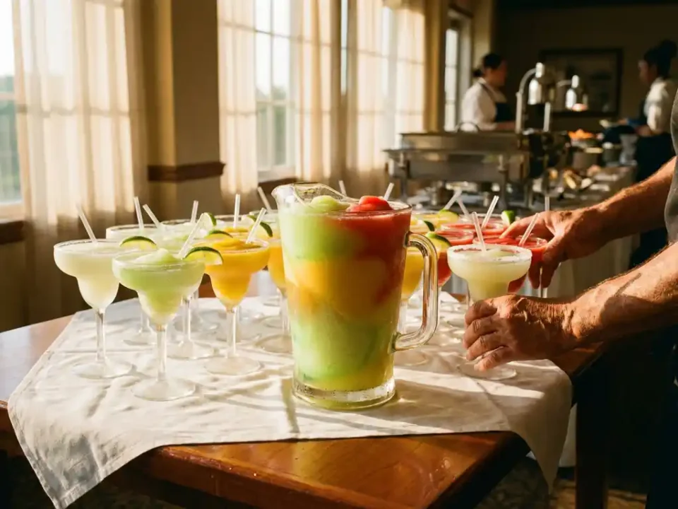 Großer Glaskrug mit gefrorenen Margaritas auf Catering-Tisch, umgeben von Cocktailgläsern und Limetten-Garnituren