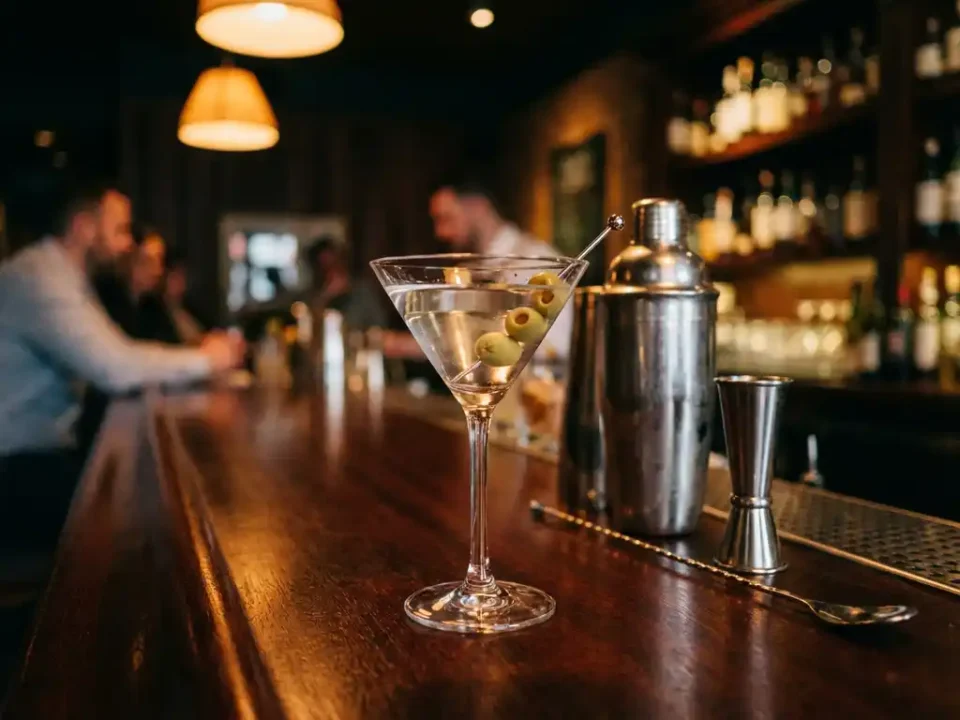 Gin-Martini mit drei Oliven auf Mahagoni-Bar, umgeben von silbernen Cocktail-Werkzeugen bei warmem Licht