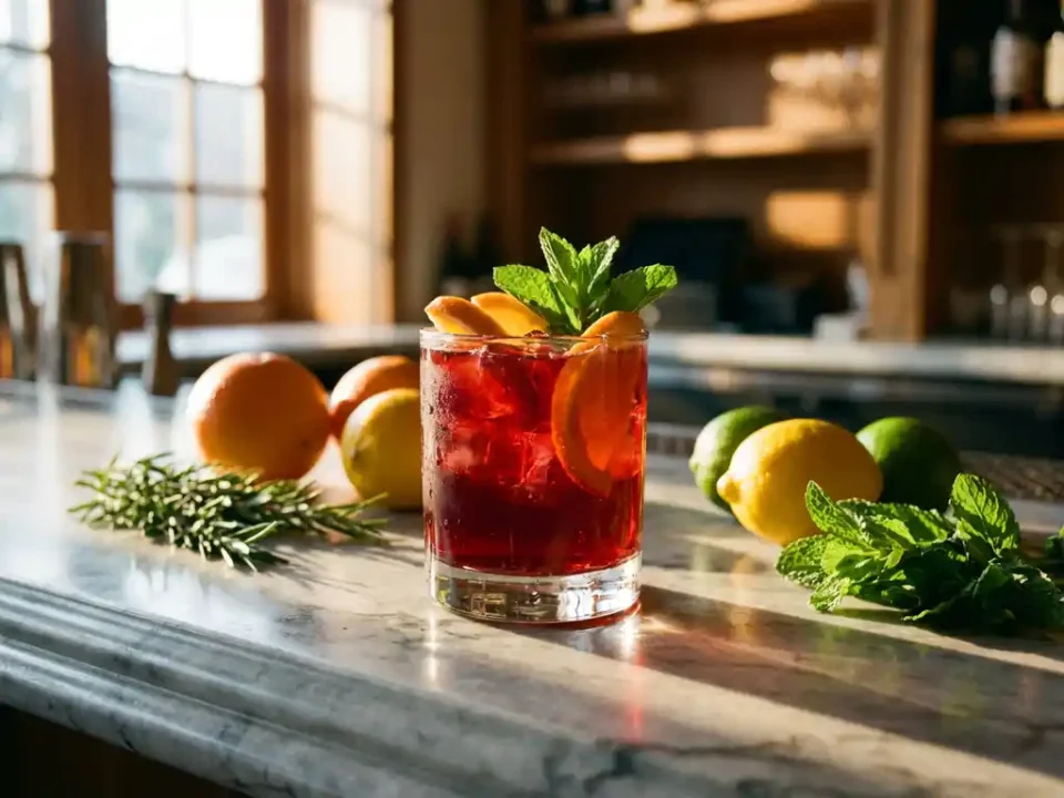 Robijnrode mocktail met munt en sinaasappel in kristalglas op marmeren bar, gouden uurtje verlichting