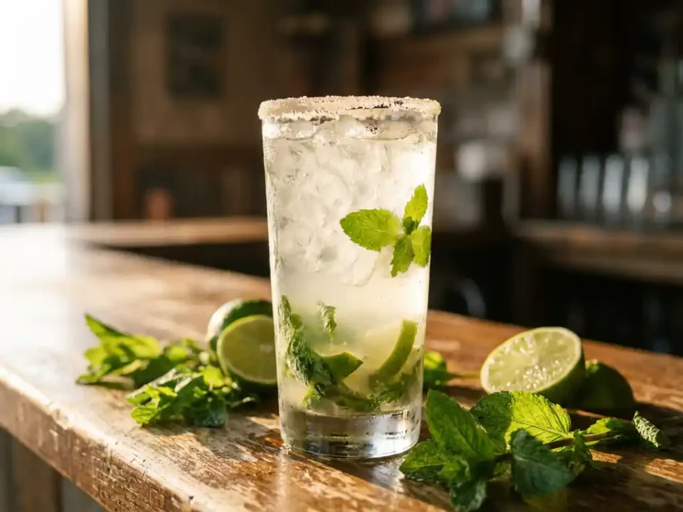 Klarer Mojito-Cocktail mit frischer Minze und Limette in Highball-Glas auf rustikalem Holztresen bei warmem Licht
