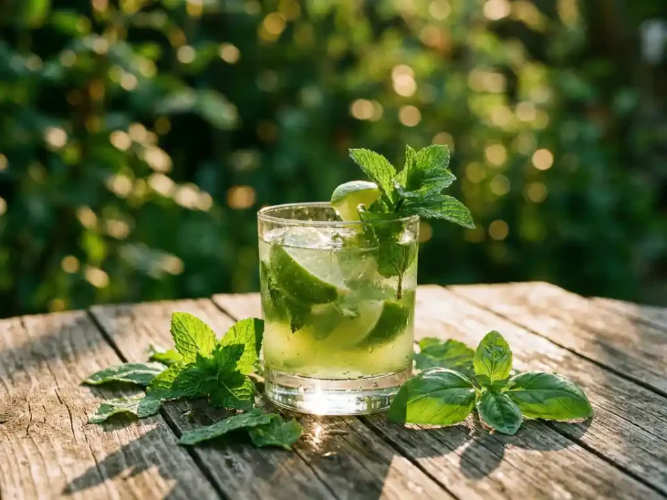 Groene mojito cocktail met verse munt en basilicum op verweerd tuinhout, gouden zonlicht filtert door bladeren