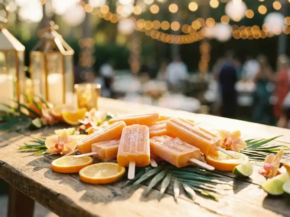 Oranje bevroren cocktail ijslollies op rustieke houten tafel met verse sinaasappelschijfjes en tropische garnering