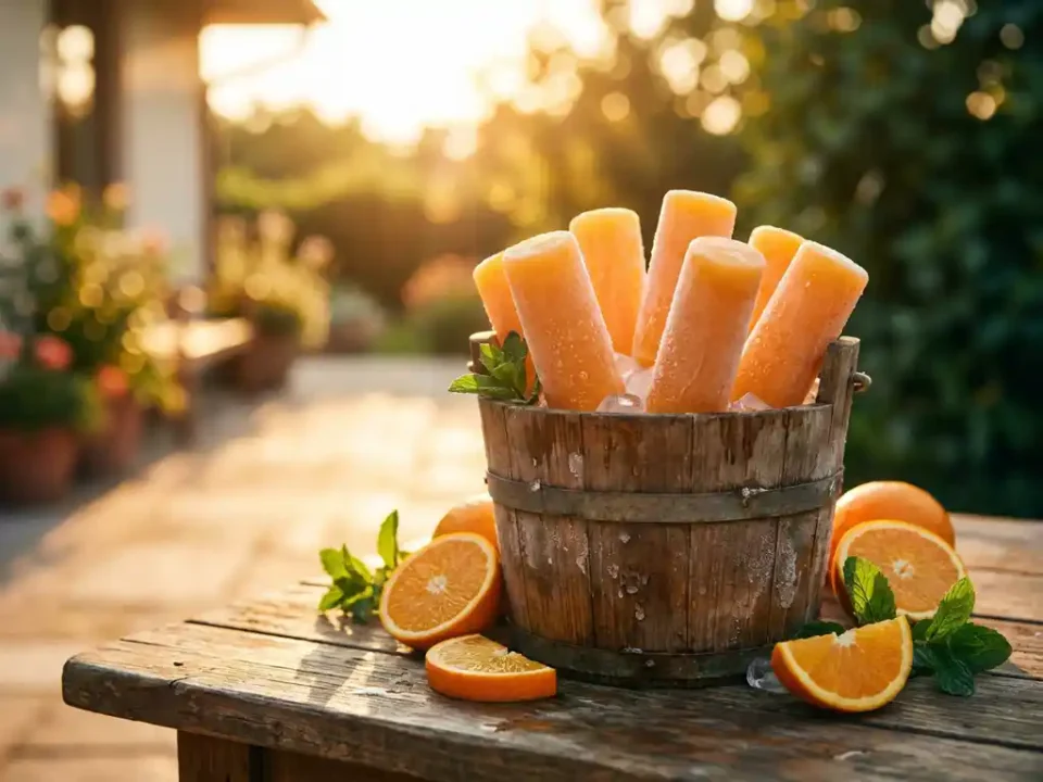 Oranje cocktailpopsicles in houten ijsemmer met verse sinaasappelschijfjes en muntblaadjes op zonnige buitentafel