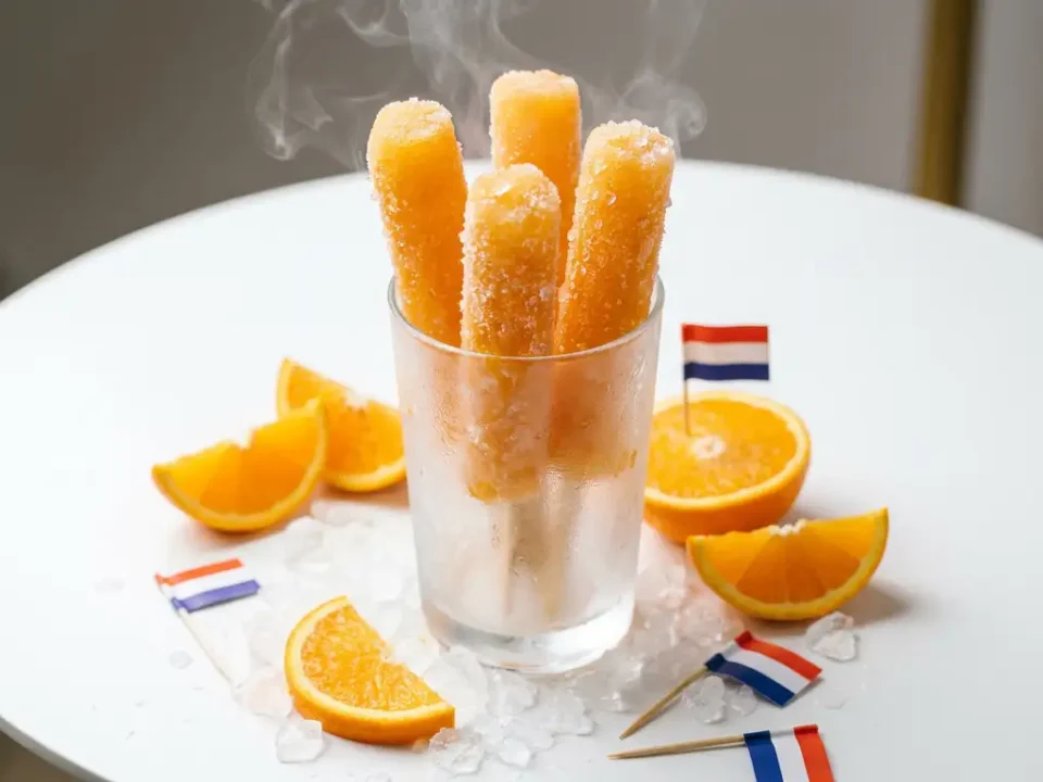 Bevroren oranje cocktailsticks in een berijpt glas met sinaasappelschijfjes, crushed ice en kleine Nederlandse vlaggetjes.