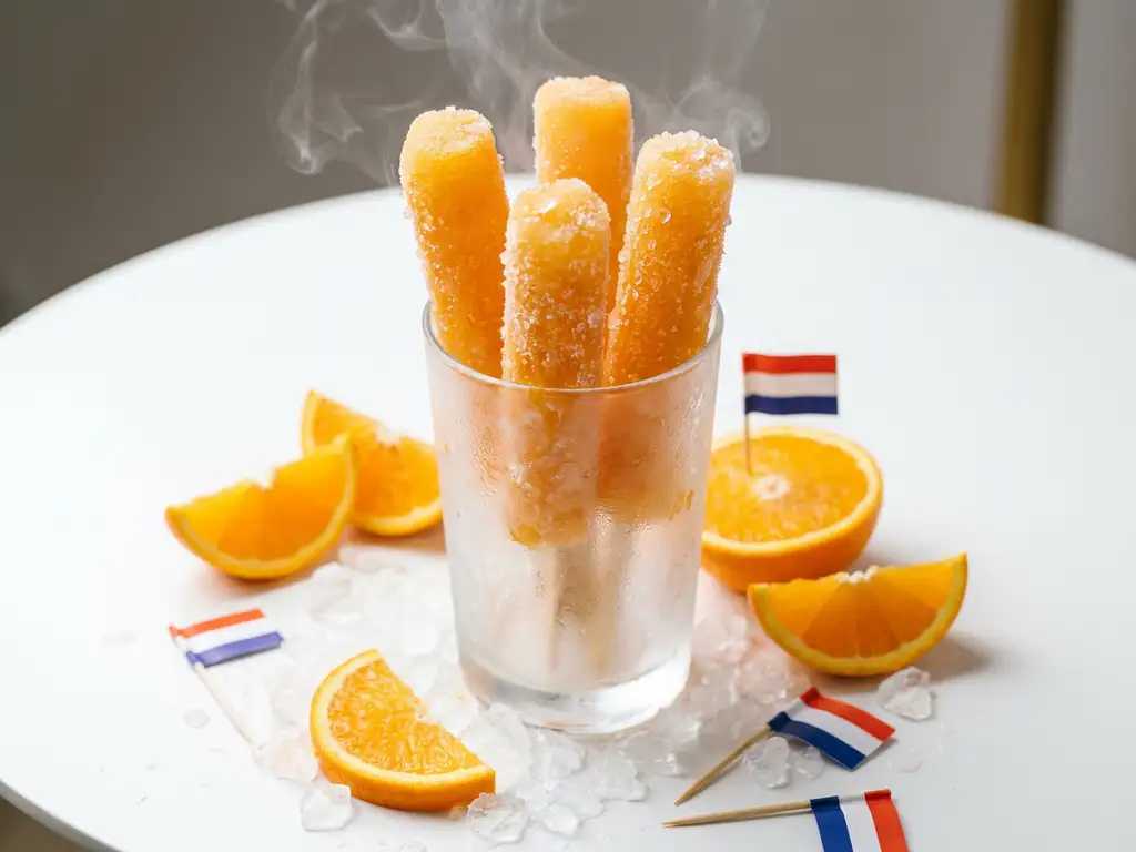 Bevroren oranje cocktailsticks in een berijpt glas met sinaasappelschijfjes, crushed ice en kleine Nederlandse vlaggetjes.