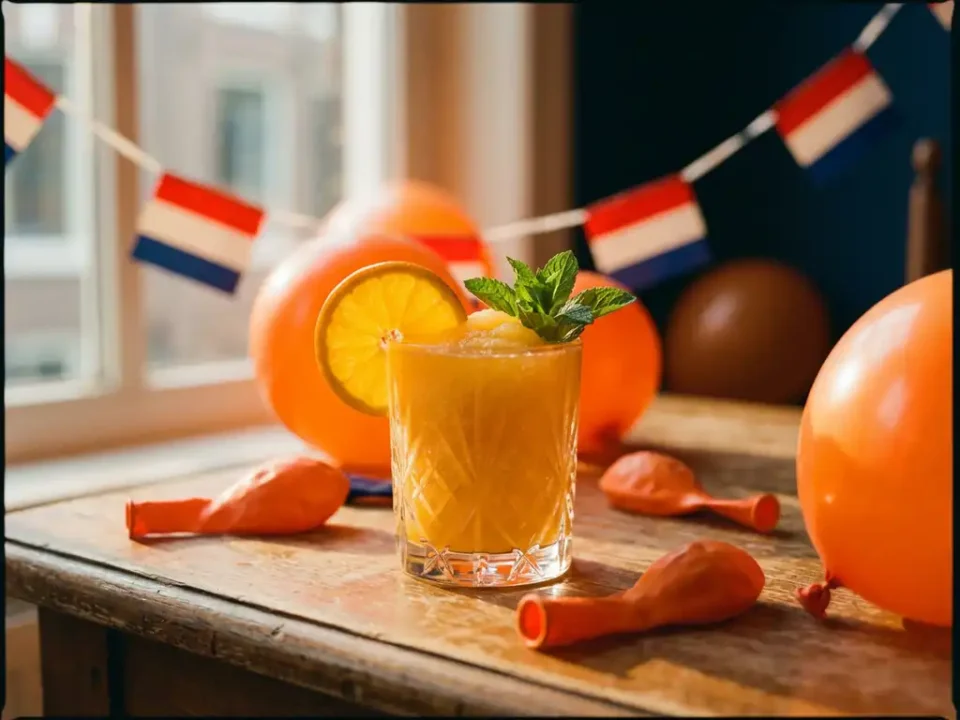 Kristallen glas met oranje bevroren cocktail, versierd met sinaasappelschijfje en muntblaadje, op houten tafel met Nederlandse vlaggetjes