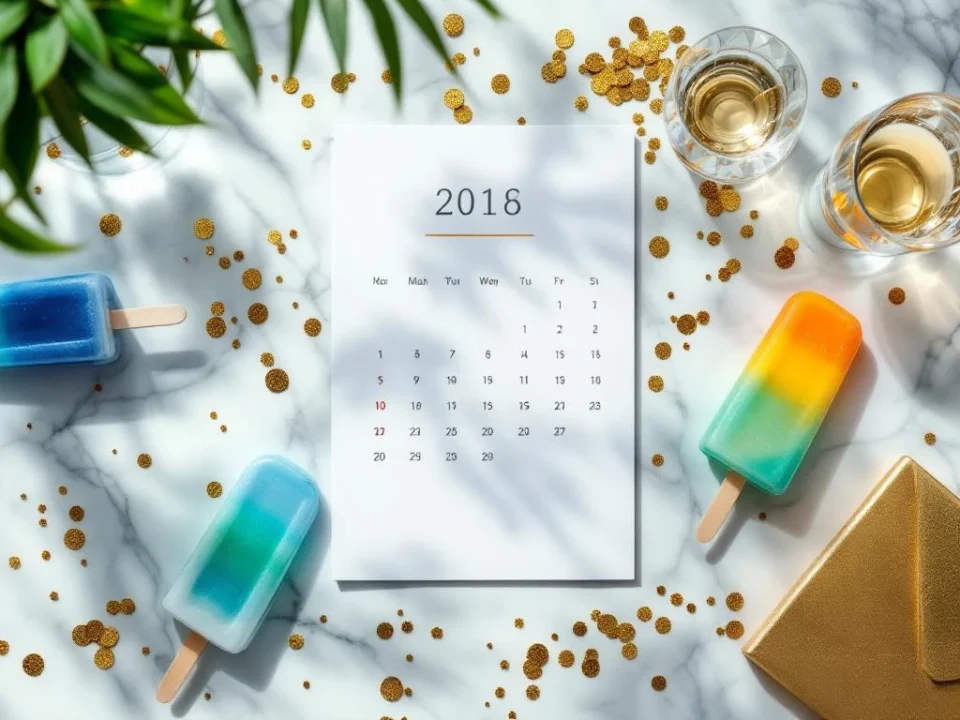Calendar with circled dates surrounded by champagne flutes, colorful cocktail ice pops, gold confetti and party invitations on marble surface