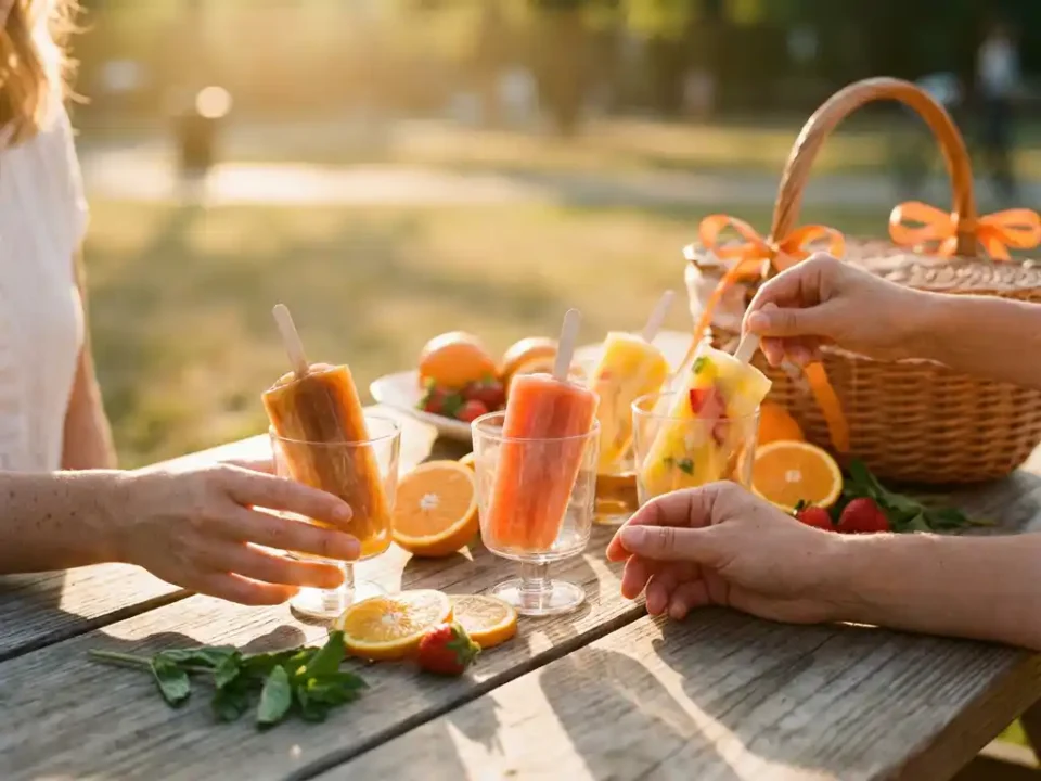 Kleurrijke picknick met oranje cocktailijsjes in glazen, verse sinaasappelschijfjes en aardbeien op houten tafel in gouden zonlicht
