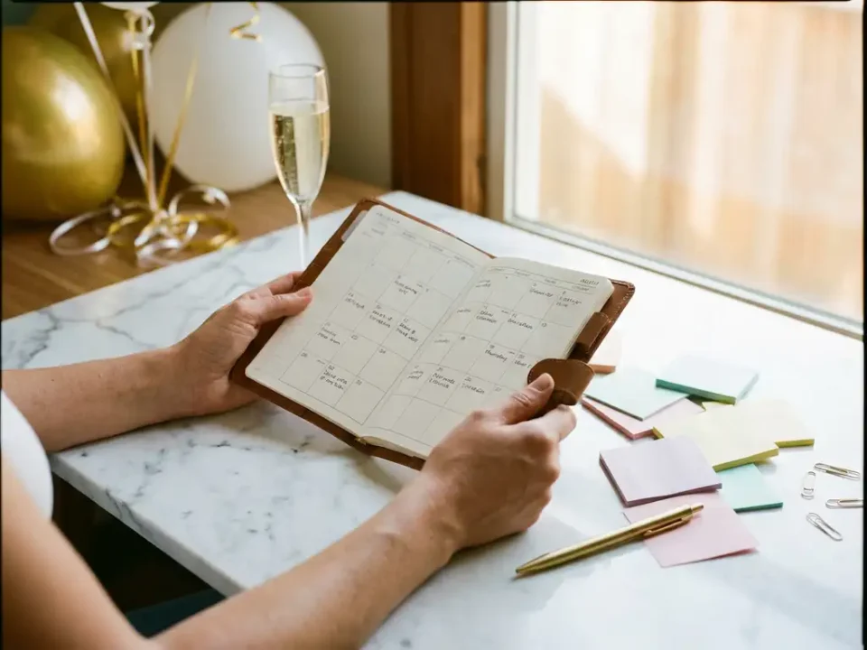 Vrouwenhanden houden elegante kalenderplanner vast op marmeren bureau met kleurrijke notities en gouden pen