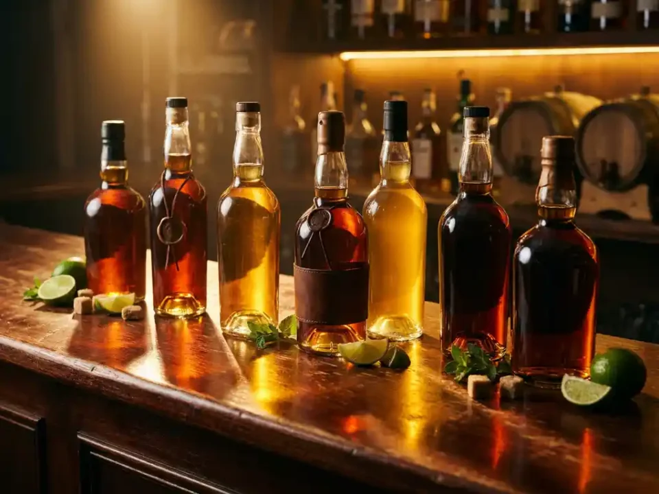 Premium rumflessen in amber en gouden tinten op rustieke houten bar met limoenpartjes, muntblaadjes en suikerklontjes