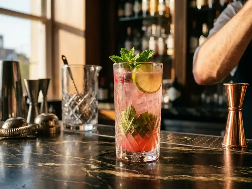 Roze mocktail met munt en limoen op donkere marmeren bar, omringd door professionele bartools in warme sfeerverlichting