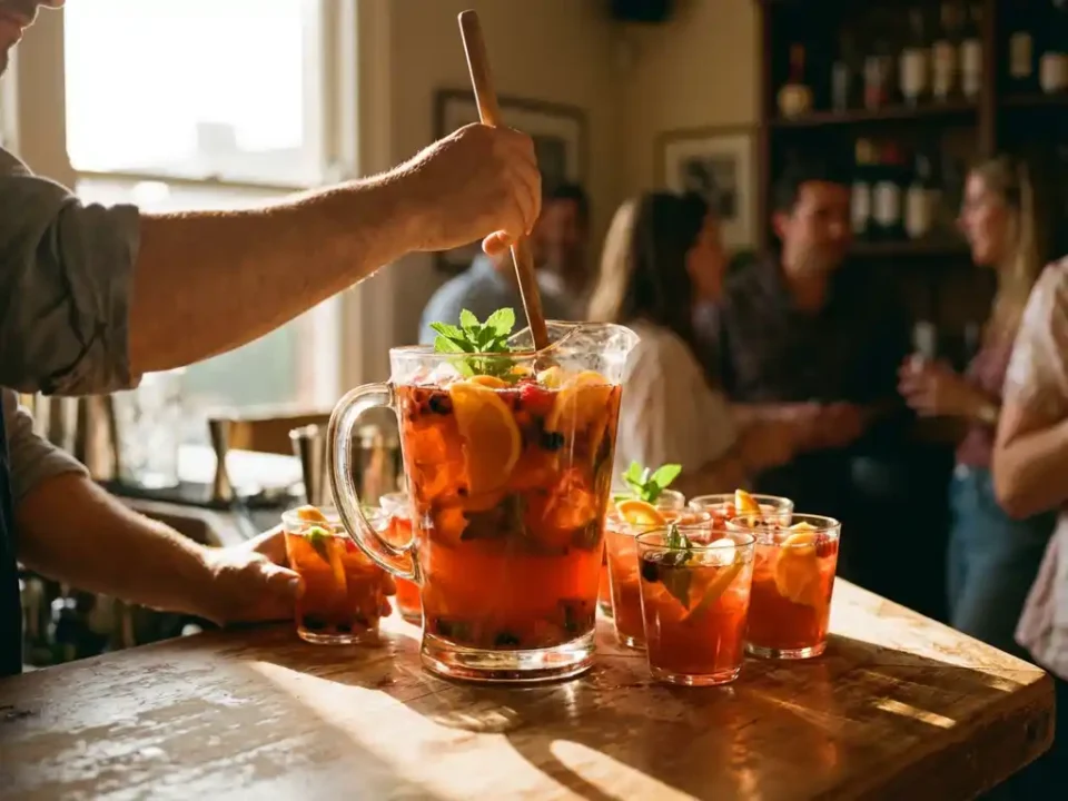 Grote glazen kan met oranje-rode sangria op houten bar, omringd door gevulde glazen, bartender roert met lepel