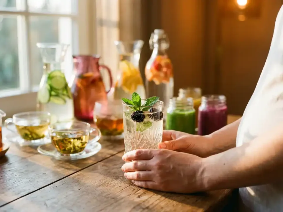 Schwangere Frau hält Holunderblüten-Mocktail mit Minze, umgeben von alkoholfreien Getränken auf festlich gedecktem Tisch
