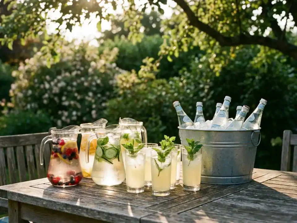 Rustikaler Holztisch mit bunten Sommergetränken, Limonade mit Minze und Eiswürfeln im sonnigen Garten