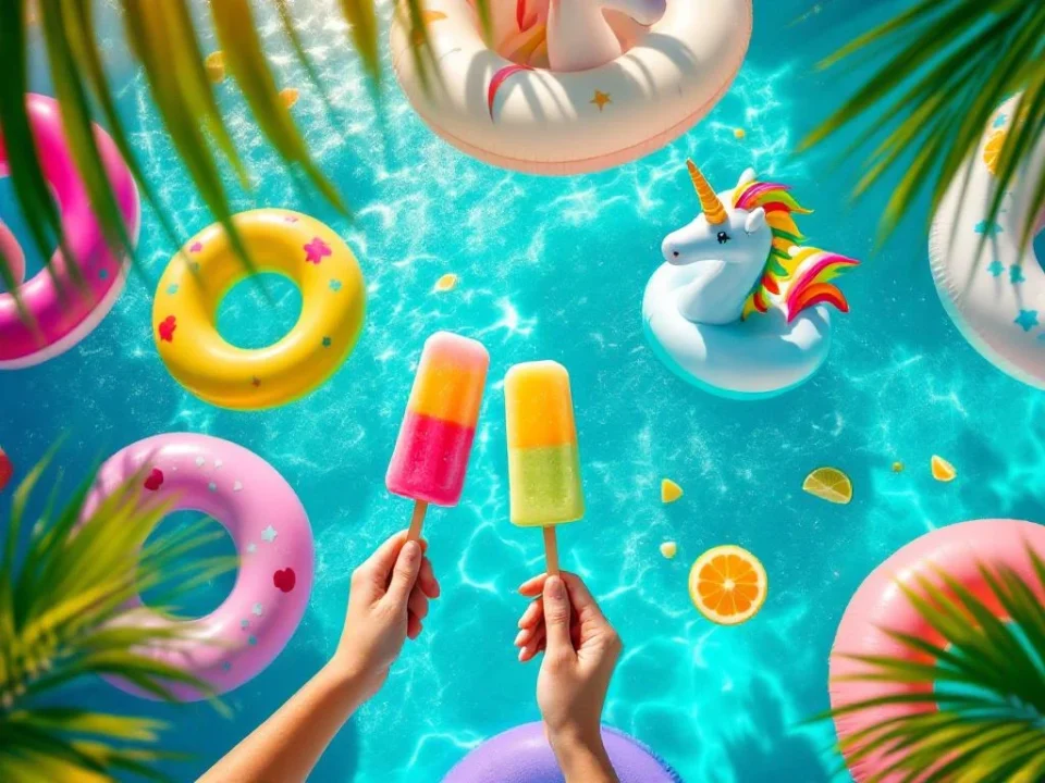 Overhead view of turquoise swimming pool with colorful floats, tropical cocktail popsicles, and fresh fruit at summer party
