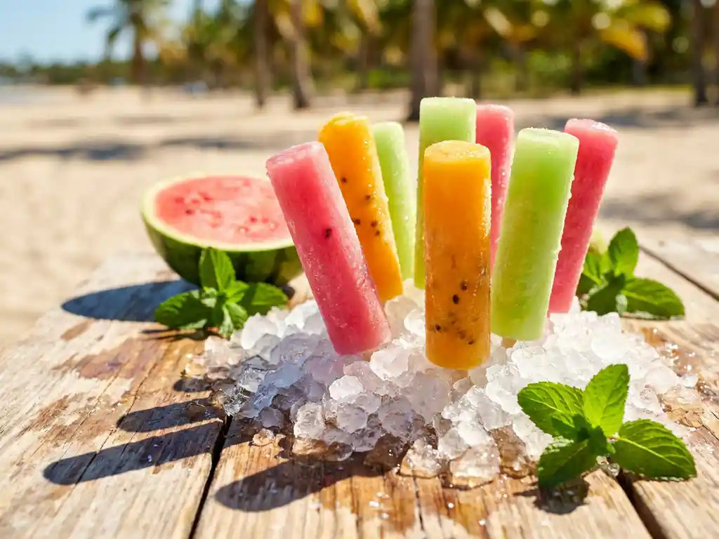 Tropische Cocktail-Eisstiele in Wassermelone, Passionsfrucht und Limette auf zerstoßenem Eis, mit frischer Minze und Wassermelone im Sonnenlicht.